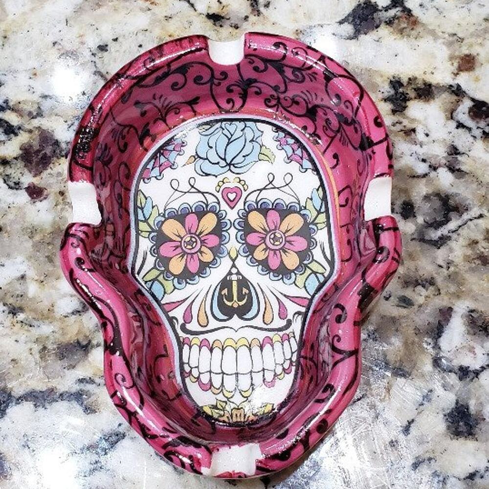 NEW Ceramic Sugar Skull Ashtray Pink w/ Black Scroll New Day of the Dead